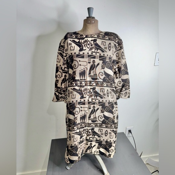 Vintage Andrea Jovine linen brown + taupe Egypt hieroglyphics print dress - Picture 1 of 9
